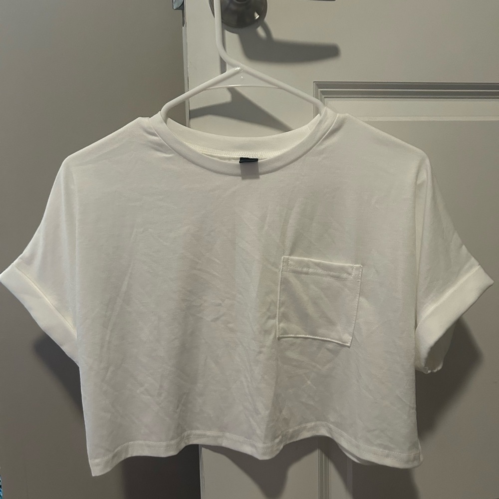 Shein Cropped White Pocket Tee, White, Size Small